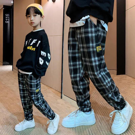 Boys Plaid Pants Spring Autumn Plus Velvet Middle-aged Children's Loose Casual Pants Warm and Handsome Trousers