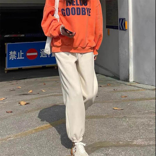 Plus Velvet Beige Sweatpants Women's Loose-fitting Nine-pointed Small Autumn and Winter Pants Thick Casual Straight-leg Harem Pants