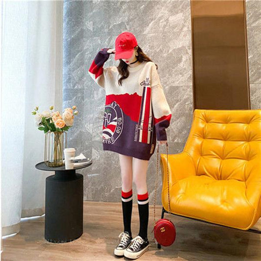 Autumn Loose Round Neck Pullover Sweater Women Mid-length All-match Knitted Top