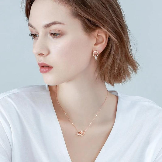 Double Ring Crystal Necklace Bracelet Earring Set Hypoallergenic Jewelry Valentine's Day Gift for Girlfriend Luxury Jewelry Set with Diamonds