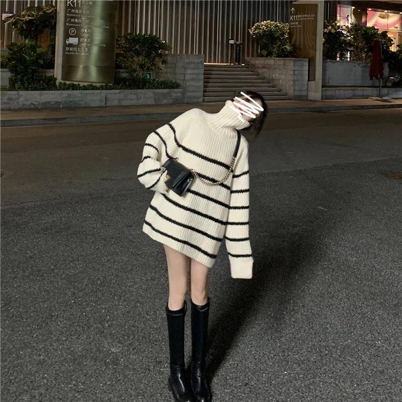 Pofulove Black or White Turtleneck Long Section Sweater Cool Oversize Striped Loose Cuffs Pullover