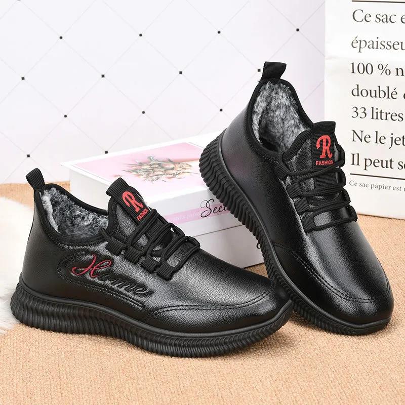 Winter Cotton Shoes Women's Fleece Warm Cotton Boots Non-slip Leather Waterproof Snow Boots