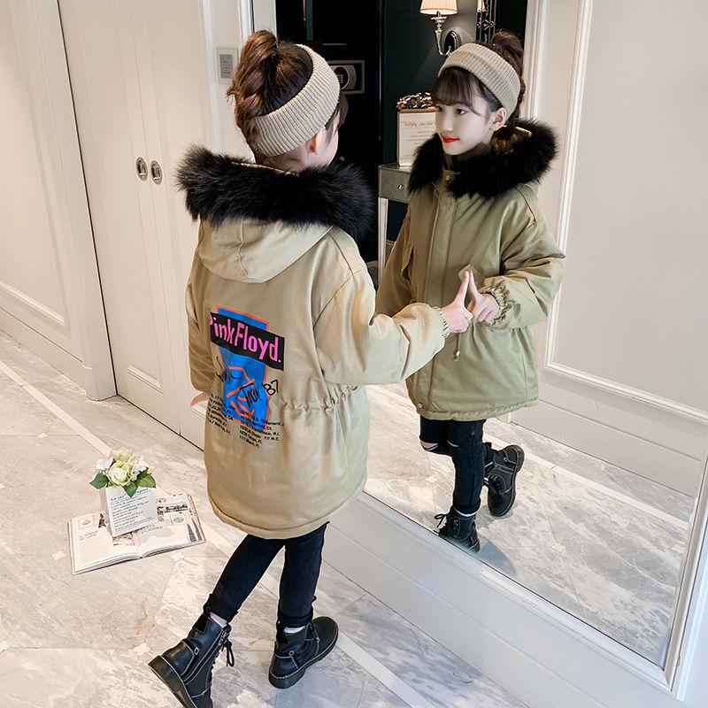 Girls' Warm and Windproof Winter Coat Plus Velvet Thick Casual Mid-length Fur Collar Coat