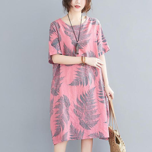 Bohemian Ladies Summer Short-sleeved Floral Print Dress Loose Casual Ethnic Mid-length Skirt Straight Skirt Large Size Skirt