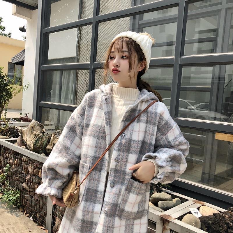Loose hooded woman clothing plaid woolen coat women's mid-length autumn and winter woolen coat