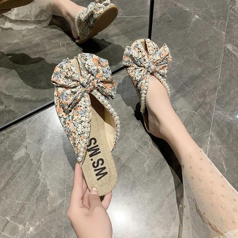 Lazy Non-open Toe Half Slippers Women's Summer Fashion Outer Wear Soft Bottom Small Floral Muller Sandals and Slippers