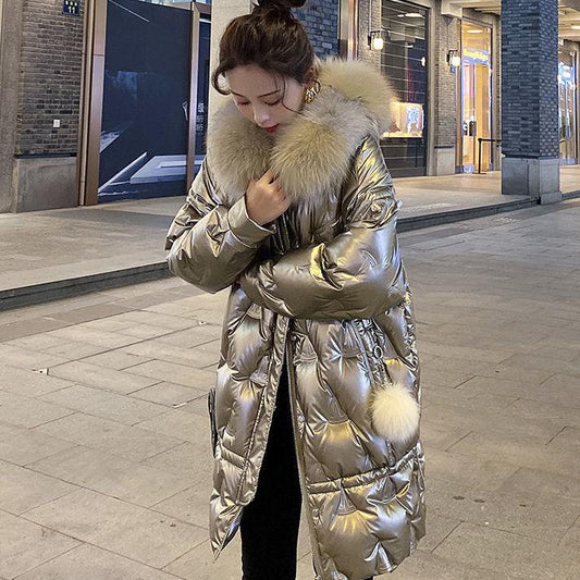 Bright Silver Down Jacket Winter Women's Long Hooded Coat Parka Thick Winter Jacket Women's Coat Oversize