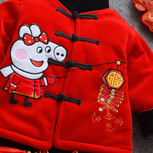 Boys Chinese Style Autumn and Winter Cotton Clothing Suit Newborn Printing Tang Suit Single-breasted Flocking Red Warm Cotton Clothing