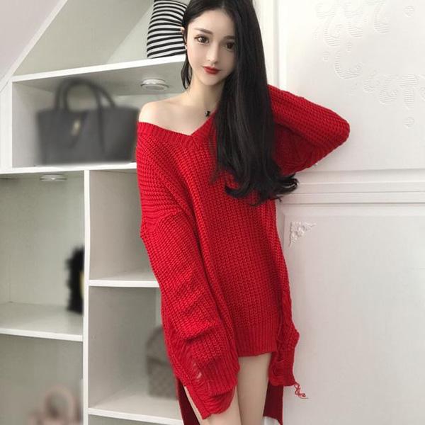 Spring and Autumn Sexy Mid-length Sweater V-neck Pullover Irregular Top Loose Hole Knit Sweater Dress
