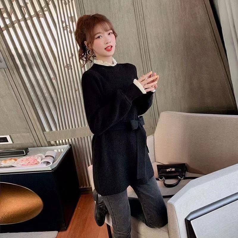 Autumn and Winter Korean Mid-length Red Knitted Sweater Women's Waist Lace Fake Two-piece Blouse