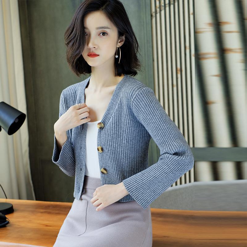 Autumn and Winter Short Knitted Sweater Cardigan Casual All-match Blouse Solid Color Long-sleeved Female Jacket