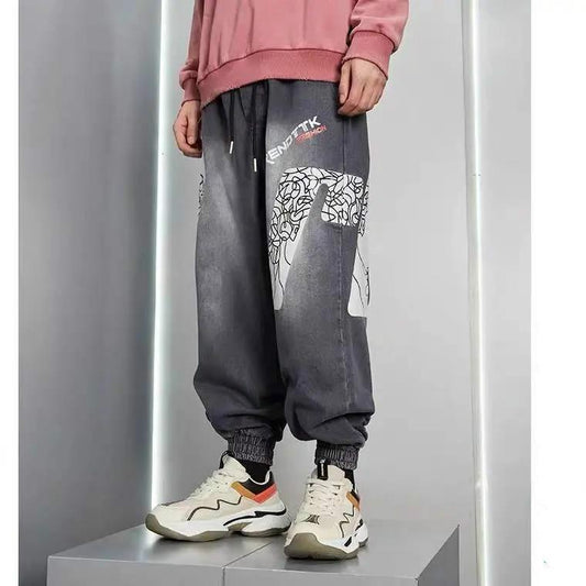Men's Personalized Printed Jeans Fashion Loose Harem Pants Light Color Graffiti Casual Pants