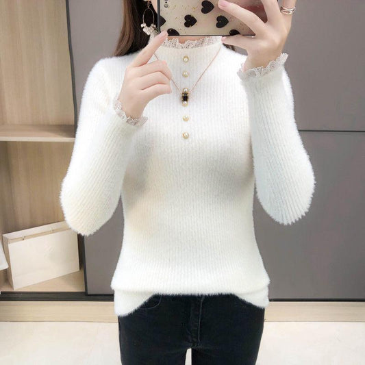 Color-fast Imitation Mink Velvet Inner Sweater Women Autumn and Winter Slim Bottoming Shirt Lace Beaded Sweater
