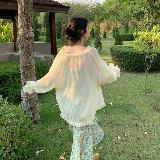 Ice Silk Sunscreen Women's Cardigan with Suspenders Skirt with Shawl and Chiffon Jacket