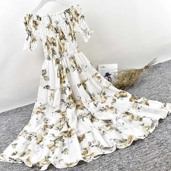 Women Off Shoulder Floral Camisole Dress Short-sleeved Long A-line Vacation Beach Dress