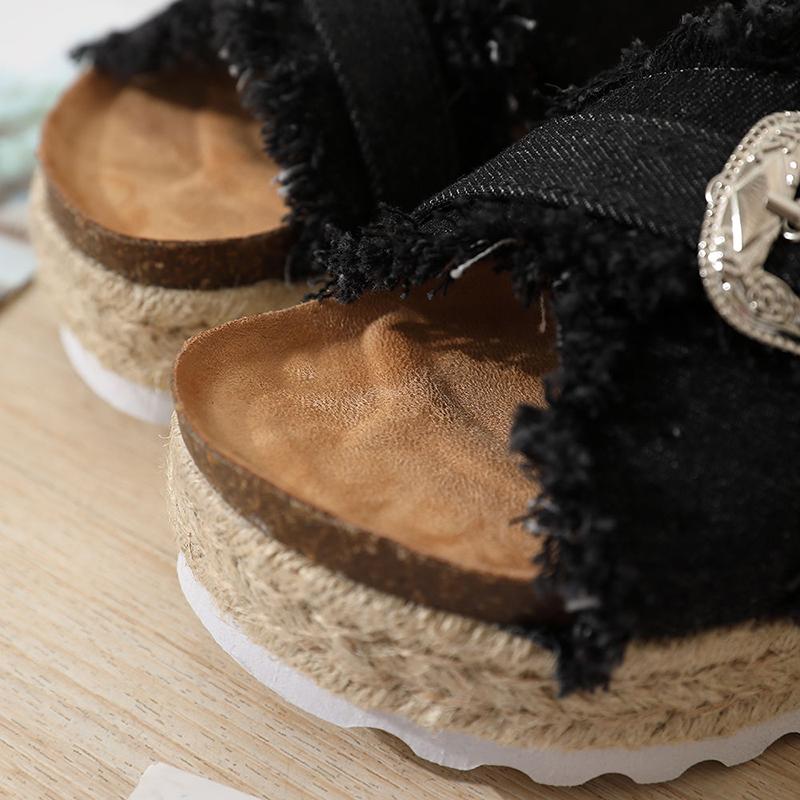 Summer Women's Shoes Handmade Hemp Rope Drag Sandals Cross Denim Increased Thick Bottom All-match Retro Popular Fashion Slippers