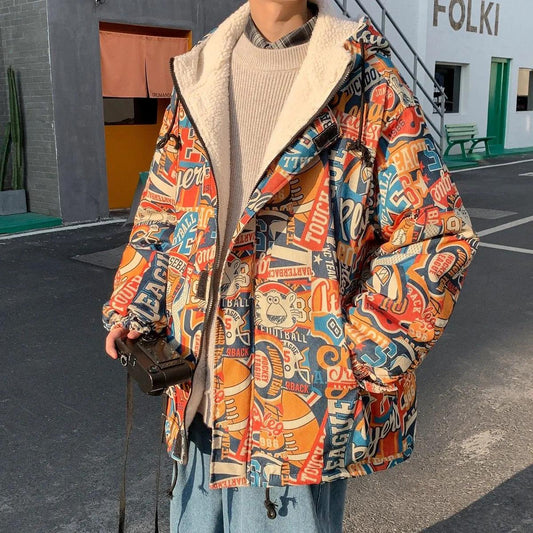 Graffiti Lamb Wool Coat Men's Winter Trend Plus Velvet Thick Loose Large Size Cotton Coat Padded Jacket