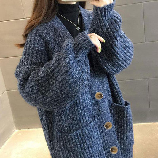 Fashion large pocket sweater large size medium long loose knitted cardigan sweater coat women