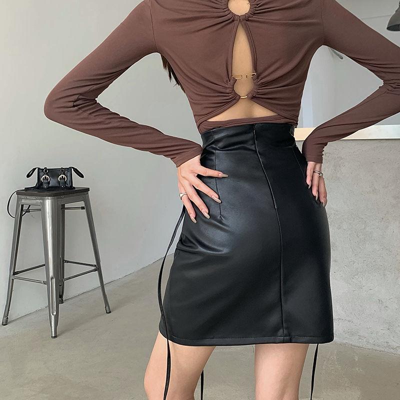 Pu Leather Skirt Women's Black High Waist Slit Bag Hip Short Skirt Spring Tie Skirt