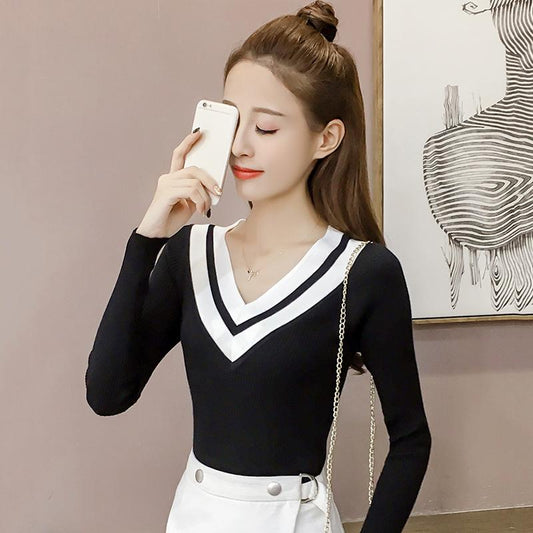 Autumn/winter Sweater Women Short Stitching V-neck Slim Slimming Long-sleeved Pullover Sweater Bottoming Shirt Women