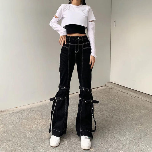 Europe and The United States Street Cool Street Shooting Straps High Waist Jeans Slim Legs Long Casual Wild