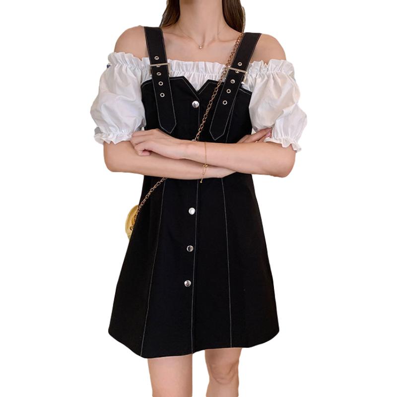 Women Spring and Summer Sling Short Puff Sleeve One Shoulder Mid-length Casual Vacation Office Home