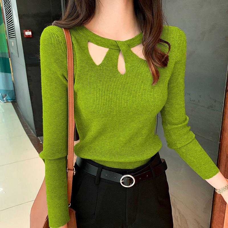 Autumn and Winter Korean Version of Slim Sexy Pullover Sweater Slim Bottoming Sweater Women's All-match Lining Round Neck Hollow Sweater