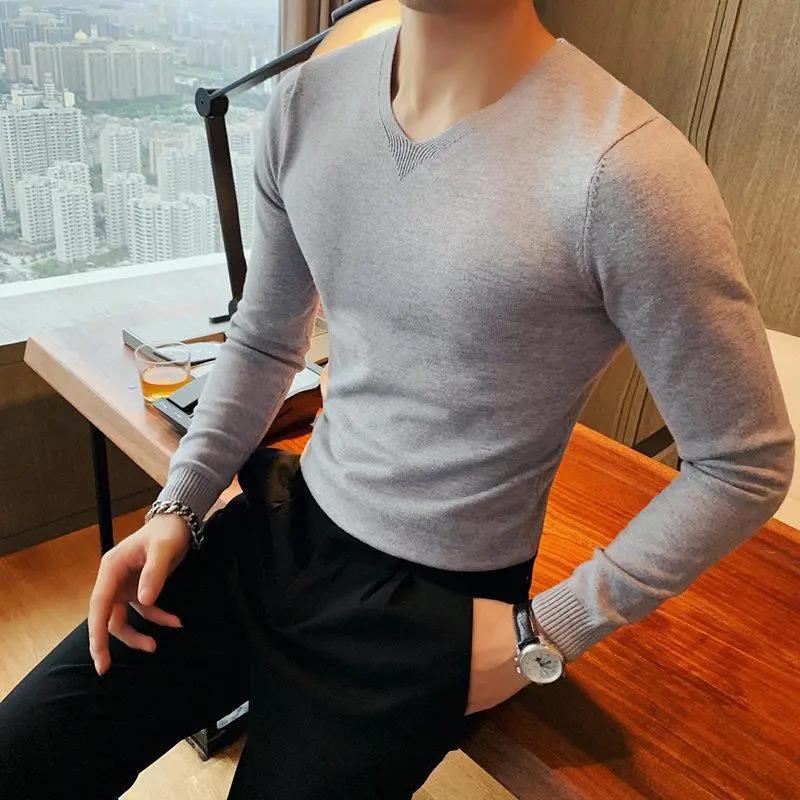 Low-neck Sweater Men's Long-sleeved Spring-autumn-winter V-neck Sweater Men's Self-cultivation All-match Solid Color Bottoming Shirt