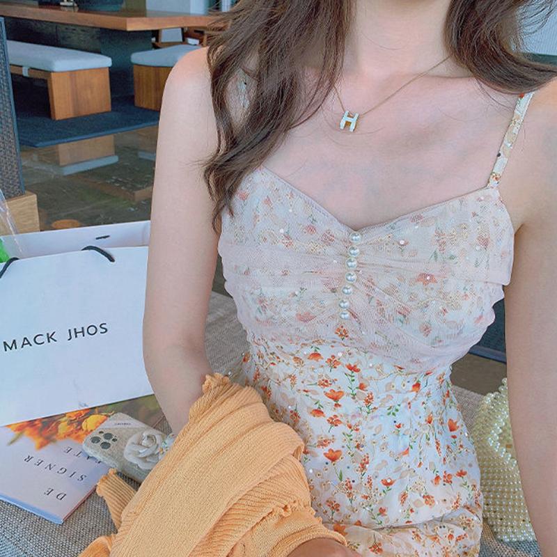 Floral Sling Dress Female Spring Summer Casual V-neck Sleeveless Mid-length Casual Comfortable