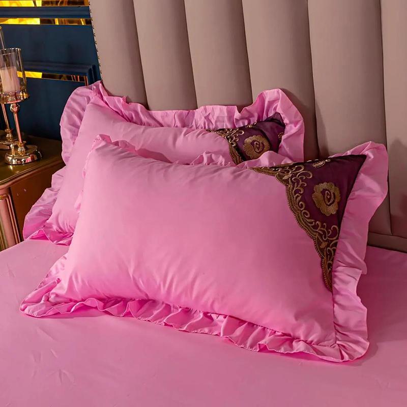 Lotus Leaf Pillowcase Princess Style Pure Color Pillowcase Lace Double Pillowcase One Pair Set 48*74cm