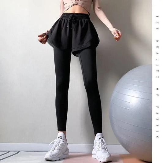 Women's High Waist Elastic Fake Two-piece Fitness Pants Tight Running Hakama Yoga Clothes Quick-drying Sports Slim Trousers Gym Running Pants