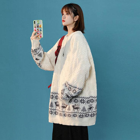 Color-blocking Sweater Women's Japanese Retro Vintaage Knitted Sweater Niche Design Lazy Style Autumn and Winter Outer Threading Sweater
