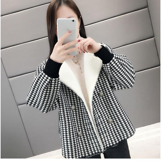 Autumn and Winter Knitted Cardigan Long Sleeve Lapel Loose Sweater Korean Fashion Plaid Jacket