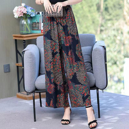 Ice Silk Wide-leg Pants Girls Summer Summer Middle-aged and Elderly Loose High Waist Slimming Plus Size Casual Nine-point Pants