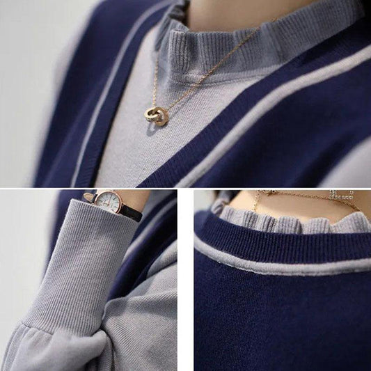 Sweater Dress Women's Ruffle Fake Two-piece Splicing Pullover Knitwear Korean Lady Style Dress Trendy Sweater Autumn and Winter