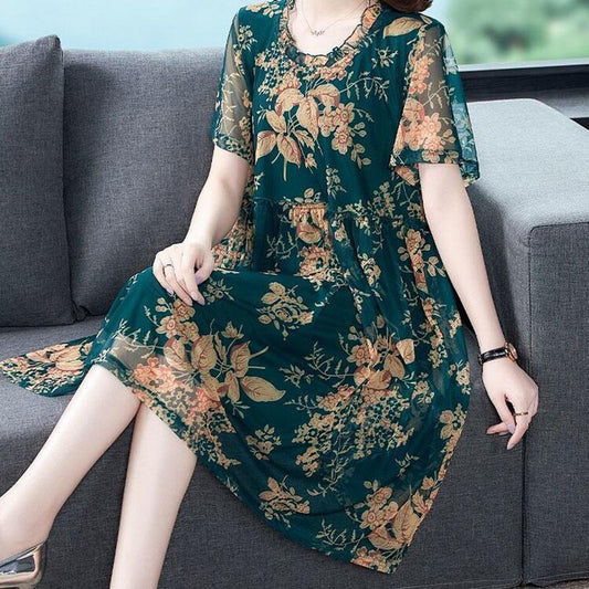 Fat Girl Dress Summer Young Mother Loose and Thin Mid-length Korean Temperament Dress