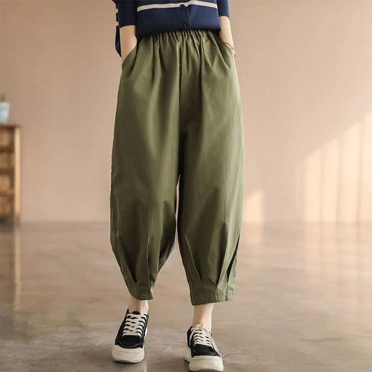 Women's Summer Loose and Thin Harem Pants Ladies Retro Solid Color Casual Pants Elastic Waist Nine-point Pants Comfortable Casual Cropped Cargo Pants