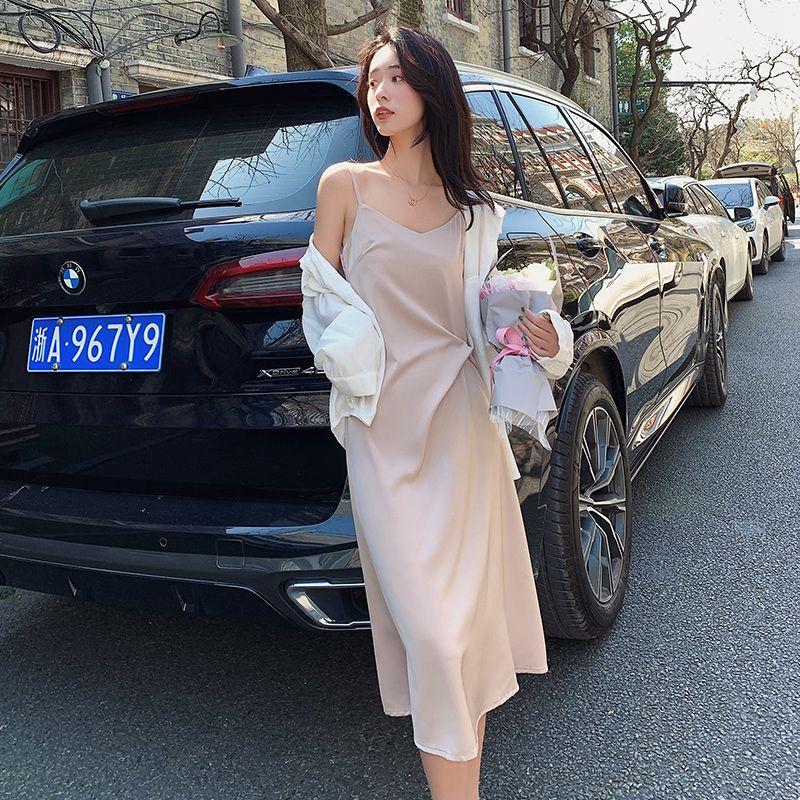 Female Summer V-neck Satin Medium Length Simple Casual Light Mature Style Korean Elegant One Piece Bottom Strap Dress