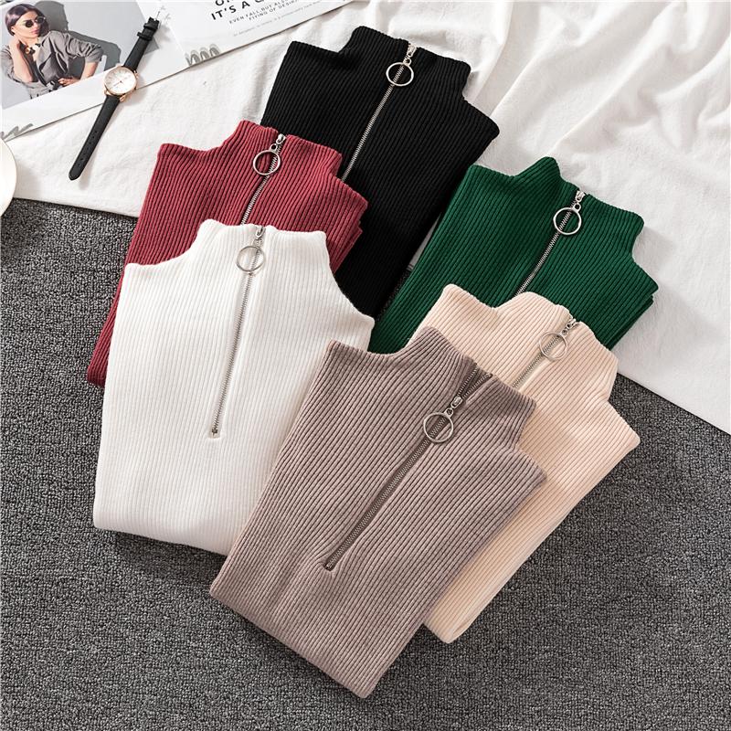 Women Half Turtleneck Knitwear Jumper Bottoming Blouse Zipper Solid Color Pullover Sweater
