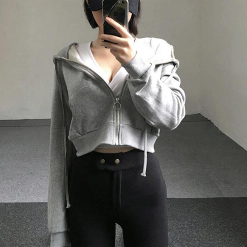 Women's Solid Color Short Coat Women's Spring and Autumn Thin Section Student Sweater Slimming Hooded Casual Sports Top Trendy