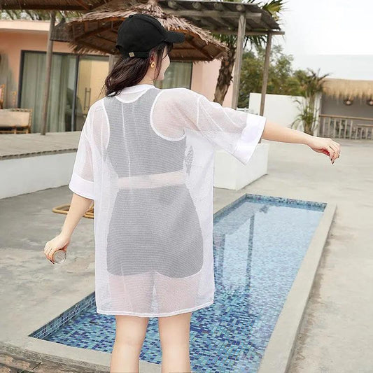 Oversize Swimsuit Women's Sports Vest Shorts Transparent Blouse Separate Three-pieces Swimming Set Conservative Swimsuit Summer Beach Wear