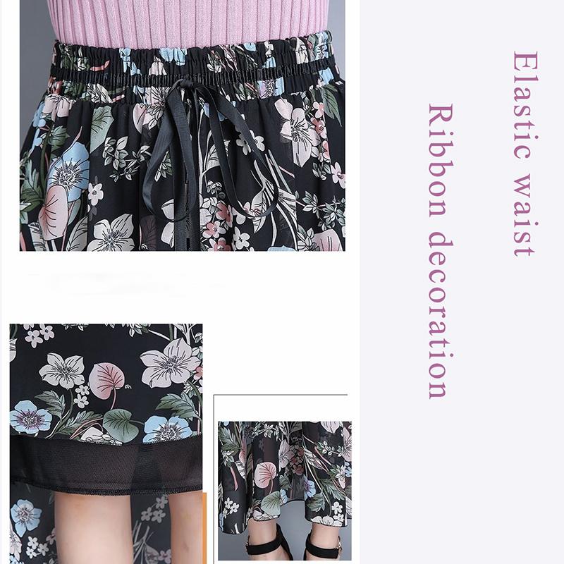 Pleated Floral Skirt Summer Women's High Waist Mid-length A-line Draping Chiffon Fairy Dress Beach Vacation Daily