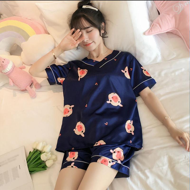 Pajamas Women's Summer Ice Silk Short-sleeved Korean Thin Section Simulation Silk Summer Pajamas Large Size Home Service Suit