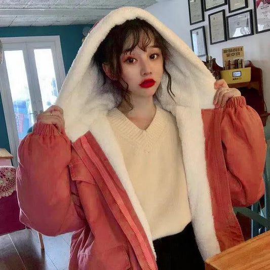 Lamb Wool Coat Women Plus Velvet Thick Korean Cotton Coat Ins Loose Wild Student BF Harajuku Style Winter Jacket