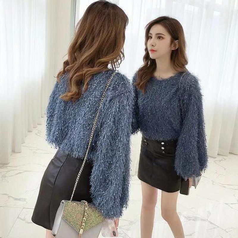 Autumn Korean Fashion Round Neck Long-sleeved Tassels Pure Color Pullover Sweater Women's Temperament Slim Top