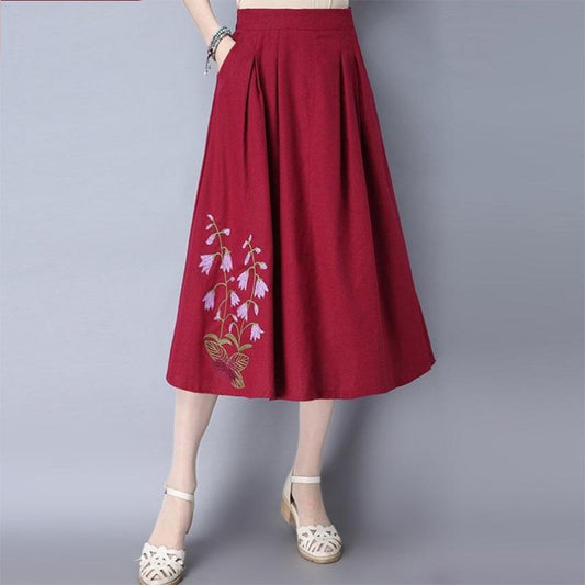 Cotton Linen Skirt Ethnic Style Women's Elastic Waist Embroidered Flower Chinese Style Four Seasons Skirt with Pockets