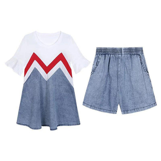 WTEMPO Denim Suit Women's Plus Size 2pcs Suit Spring and Summer Short Sleeve Loose Casual Two-piece Set