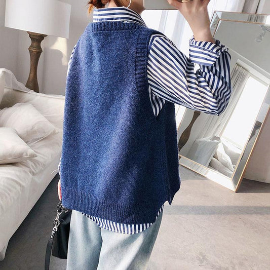 Spring and Autumn Sleeveless Waistcoat V-neck Knitted Vest Sweater Fashion Solid Color Women's Vest
