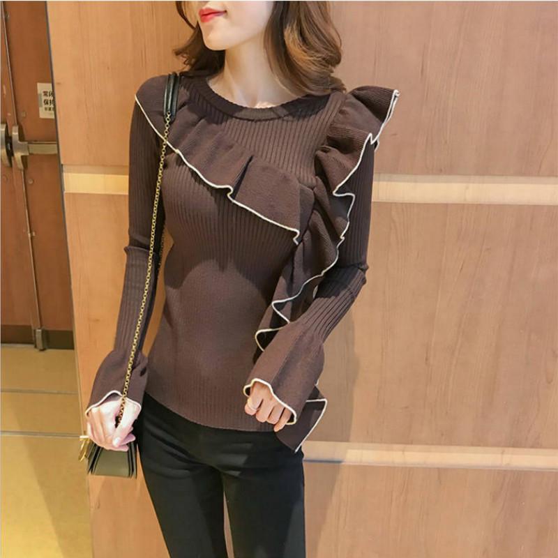 Pofulove early spring new sweater sweater women sweet temperament ruffled flared sleeve cardigan
