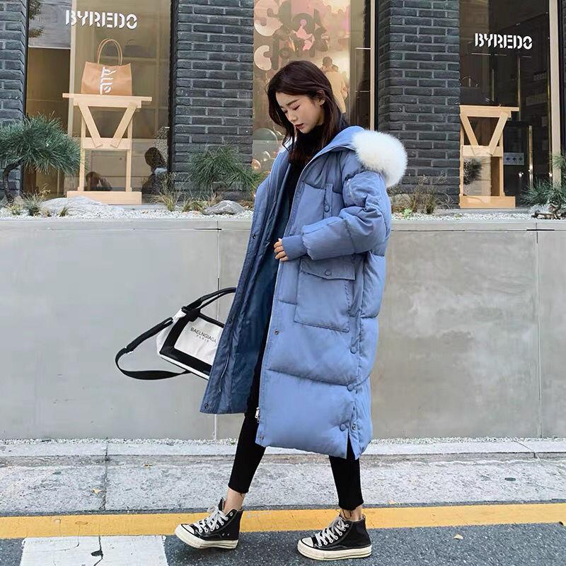 Autumn and Winter Fluffy Big Fur Collar Down Padded Jacket Women's Mid-length Plus Size Loose Padded Padded Over-knee Bread Jacket Padded Jacket